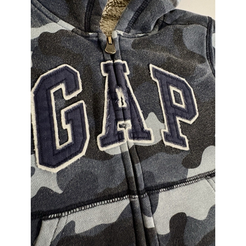 Boys 3YR Gap Sherpa Lined Logo Hoodie Blue Camouflage Full Zip Sweatshirt Cozy